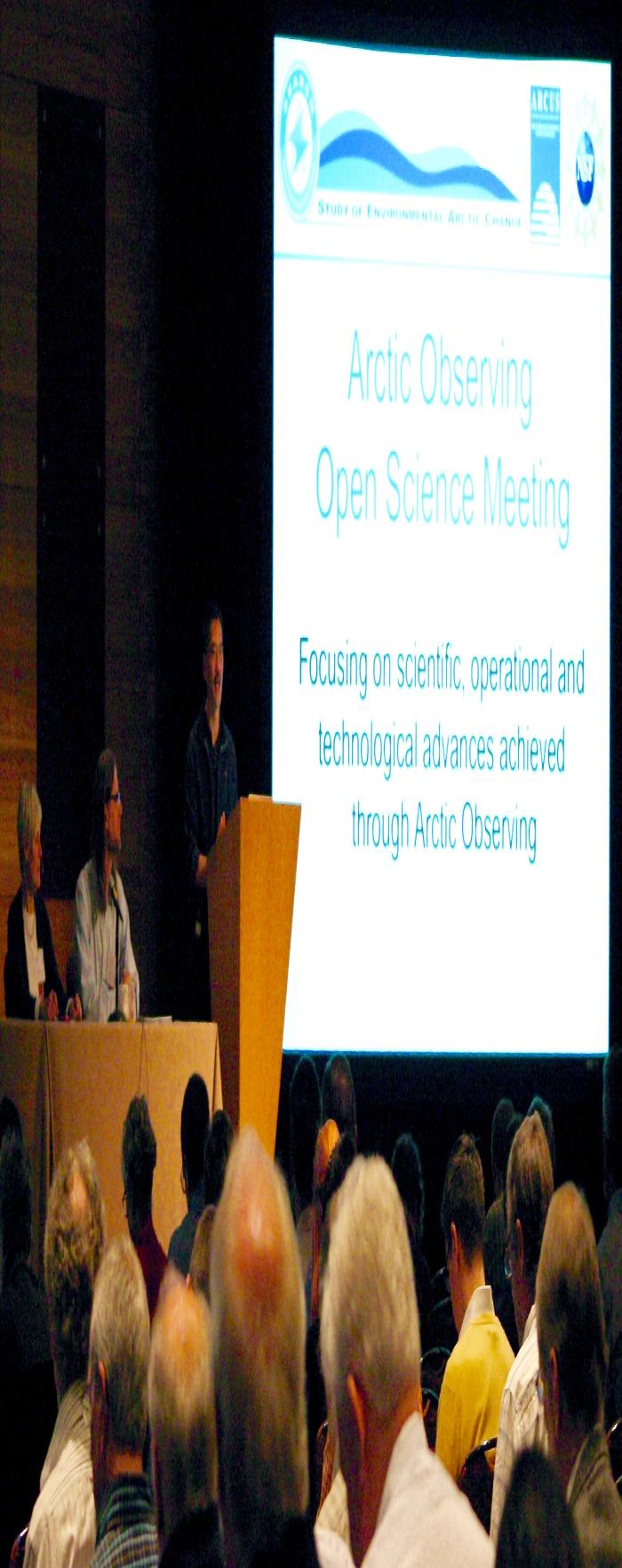 Craig Lee University of Washington, Applied Physics Laboratory and Co-chair of Arctic Open Observing Summit Meeting Organizing Committee offers welcoming remarks. Photo courtesy of ARCUS