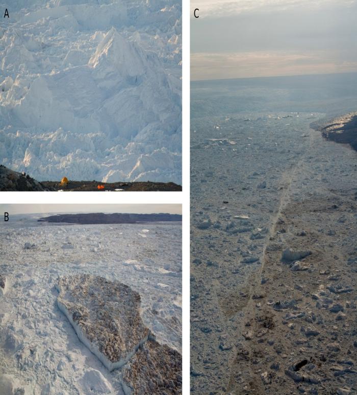 Figure 1: Photographs of ice mélange taken at Jakobshavn Isbræ, Greenland. (A) Iceberg clasts can range in size from decimeters to hundreds of meters. (B) In a dense ice mélange, no water is visible at the surface of the fjord. (C) Distinct shear bands are also visible in the ice mélange. Photo courtesy of Jason Amundson.