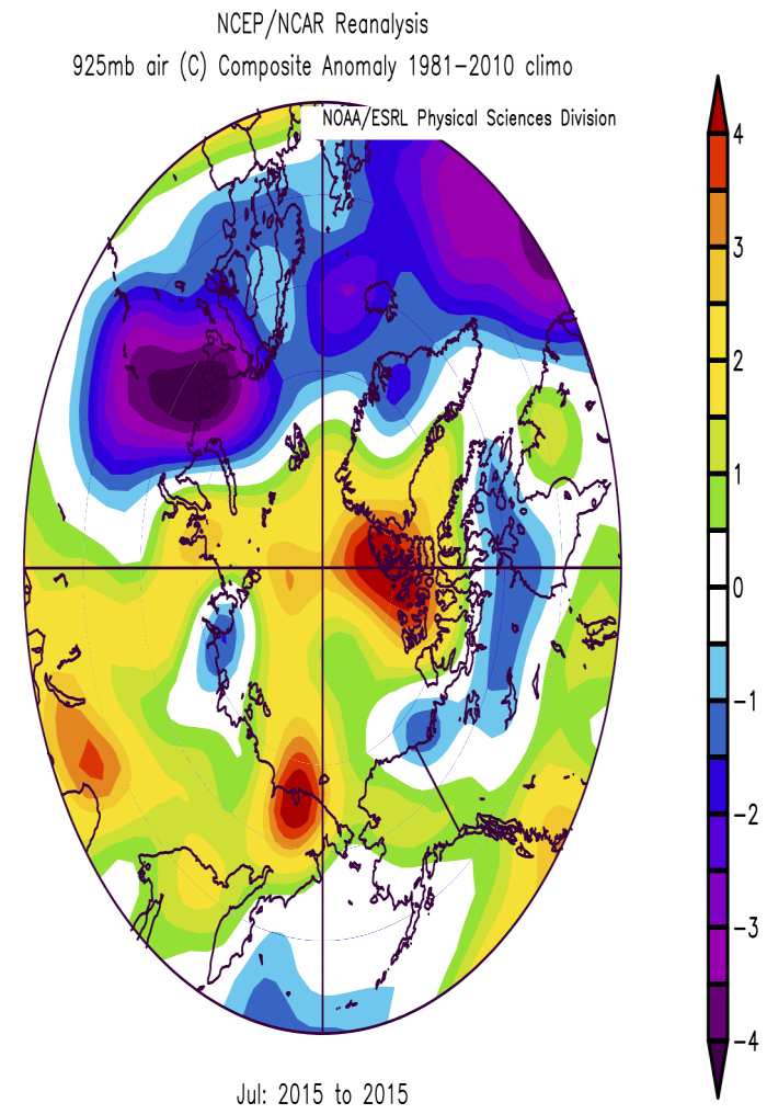 Figure 9. 925 mb air temperature anomaly for July 2015. From the NCEP/NCAR reanalysis.