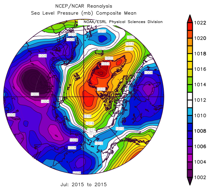 Figure 8. Sea level pressure for July 2015. NCEP/NCAR Reanalysis from the NOAA/ESRL Physical Sciences Division.