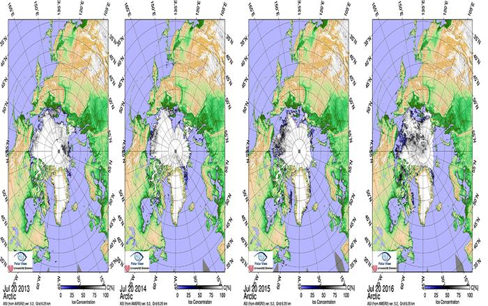 Figure 6a: Sea ice concentration on 20 July for the last four years.