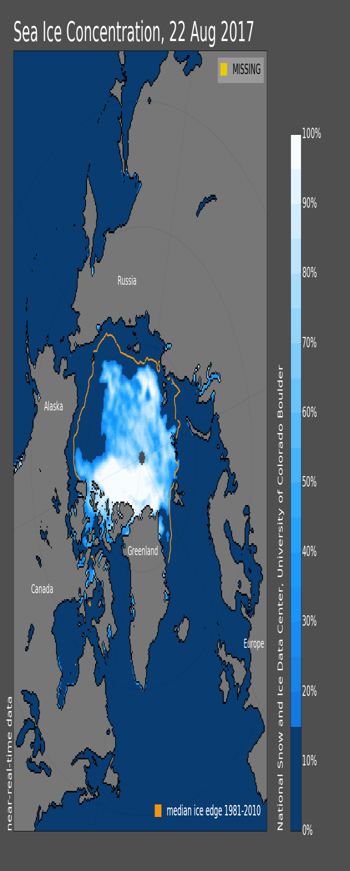 Figure 8.  Sea ice concentration on 22 August 2017. From NSIDC Arctic Sea Ice News and Analysis.