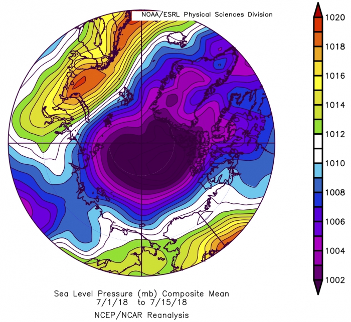 Figure 10: Average sea level pressure for 1 July through 15 July 2018. Figure courtesy of NOAA.