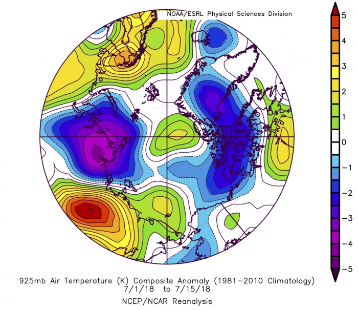 Figure 11: Average air temperature anomalies at the 925 hPa level sea level pressure for 1 July through 15 July 2018. Figure courtesy of NOAA.