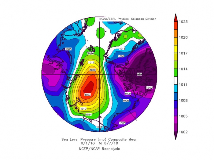 Figure 13.  Sea level pressure field for August 1-7, 2018. Units are hPa or mb.  Image courtesy of NOAA ESRL.