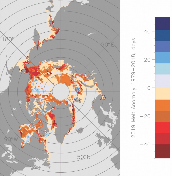 Figure 5. Melt onset anomalies from passive microwave data. Data provided by Jeff Miller (NASA Goddard) 