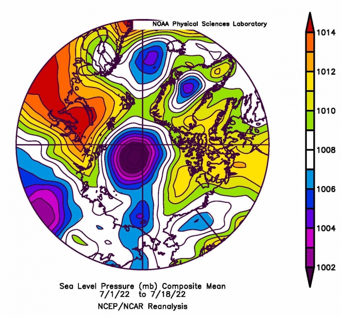 Figure 14. Sea-level pressure averaged for 1–18 July 2022. From NCEP/NCAR Reanalysis.