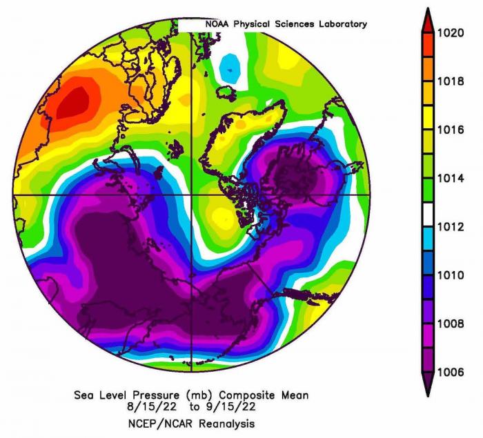 Figure 13. Average sea-level pressure for 15 August—15 September 2022. From NCEP/NCAR Reanalysis.