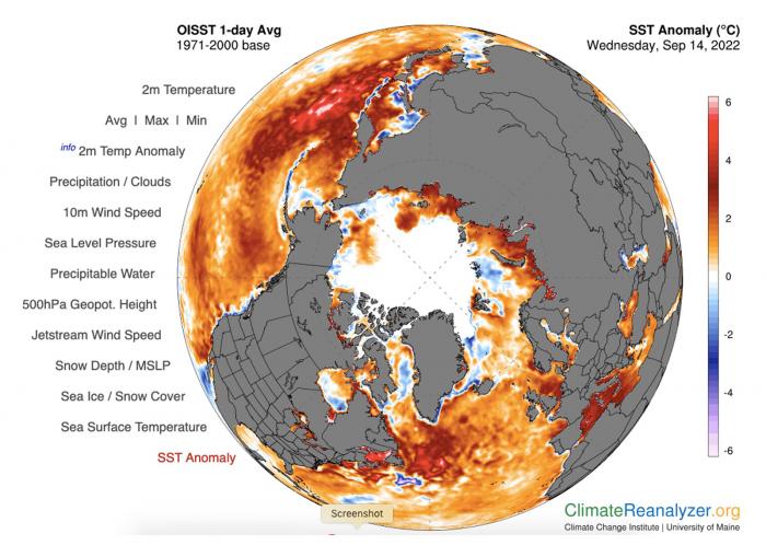 Figure 16. Sea surface temperature (SST) anomaly for 17 August 2022, relative to the average of that day over the years 2000–2021, using the same SST data set as in Figure 15. Figure downloaded from ClimateReanalyzer.org at the Climate Change Institute, University of Maine.