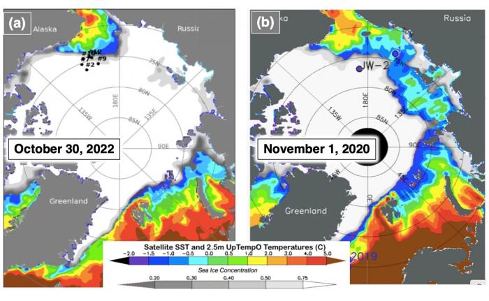 Figure 8. Same as Figure C1, but for (a) October 30, 2022 and (b) November 1, 2020.