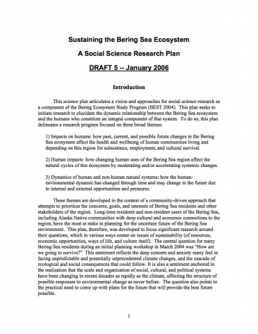 Sustaining the Bering Sea Ecosystem: A Social Sciences Research Plan